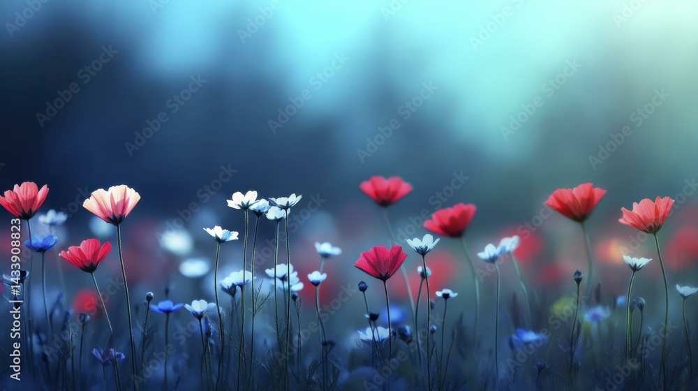 Obraz premium Gentle poppy bloom meadow featuring blue and red hues with soft lighting creates a dreamlike tranquil wildflower landscape