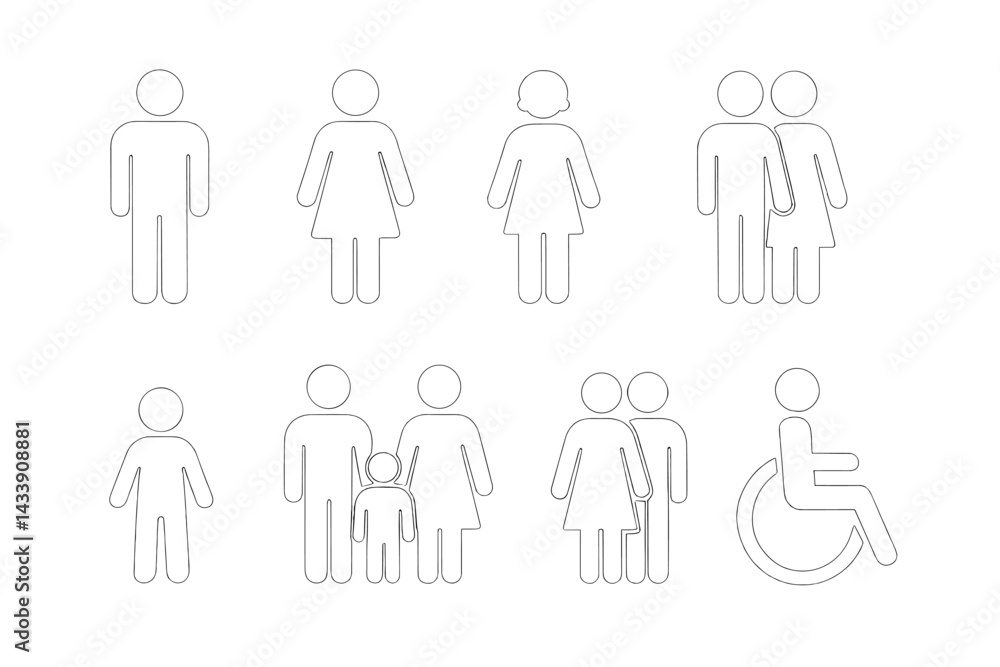 Icon set depicting diverse human figures for various social interactions and inclusivity in everyday activities Icon set depicting diverse human figures for various social interactions and inclusivity in everyday activities