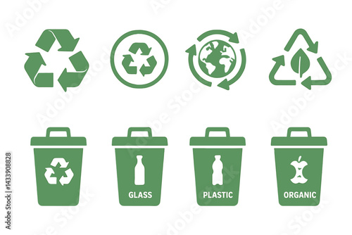 Icon set depicting recycling symbols and waste classification bins for environmentally friendly practices