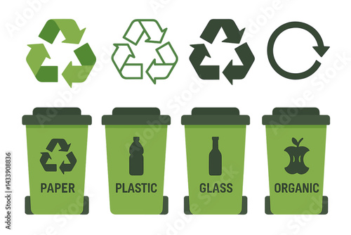 Icon set showcasing recycling symbols and waste bins for paper, plastic, glass, and organic materials
