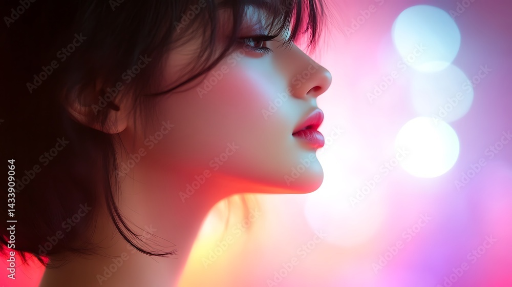 A womans profile illuminated by vibrant neon lights A womans profile illuminated by vibrant neon lights