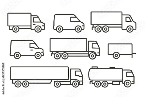 Variety of delivery trucks and vans in a simple line art style suitable for transport and logistics themes