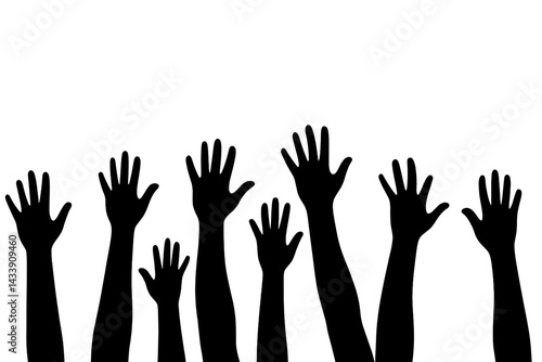 Multiple raised hands representing unity and support among a diverse group of individuals in a collaborative setting
