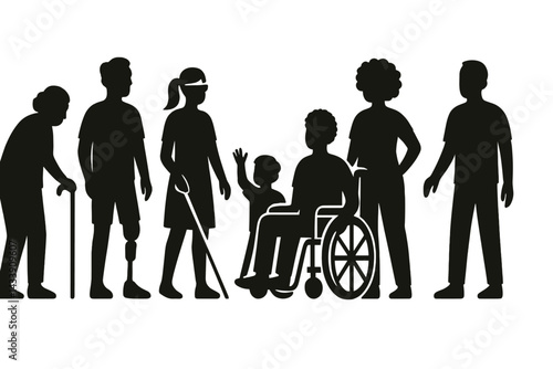 Diverse icon set representing individuals with disabilities engaging in various activities in an inclusive environment