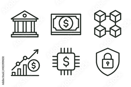 Icon set representing finance, security, and technology concepts for digital transactions and economic growth