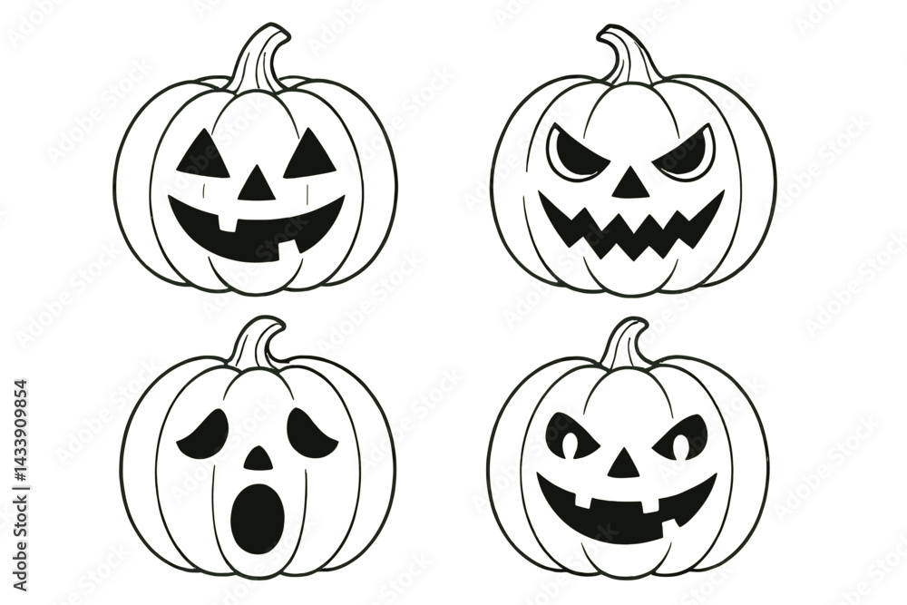 Fototapeta premium Variety of Halloween pumpkin icons showcasing different facial expressions for festive decoration