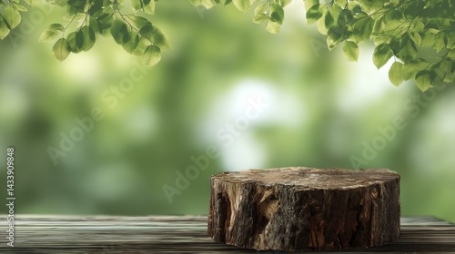 Wallpaper Mural Woodland Display Platform: Rustic Log Stand with Forest Canopy, Natural Presentation Space for Products or Food Torontodigital.ca