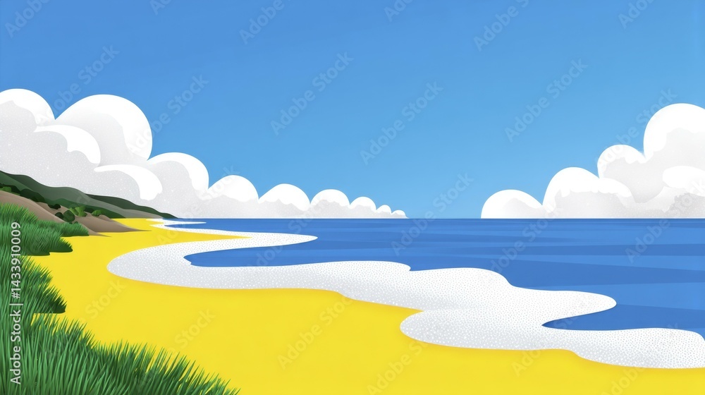 Idyllic coastal landscape: golden sandy beach meeting the deep blue ocean under a clear sky with fluffy clouds above scenic shoreline. Idyllic coastal landscape: golden sandy beach meeting the deep blue ocean under a clear sky with fluffy clouds above scenic shoreline.