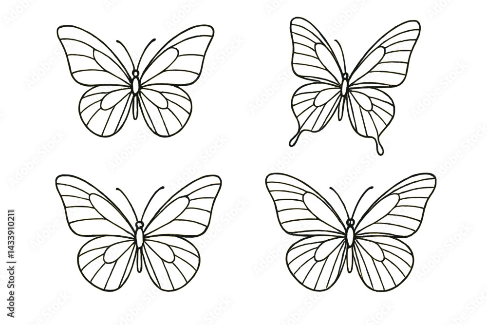 Decorative icon set featuring delicate line art of various butterfly designs for creative projects and illustrations Decorative icon set featuring delicate line art of various butterfly designs for creative projects and illustrations