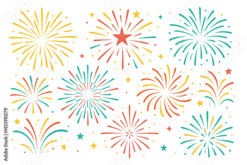 Colorful icon set featuring various firework designs in vibrant colors for festive illustrations and graphics