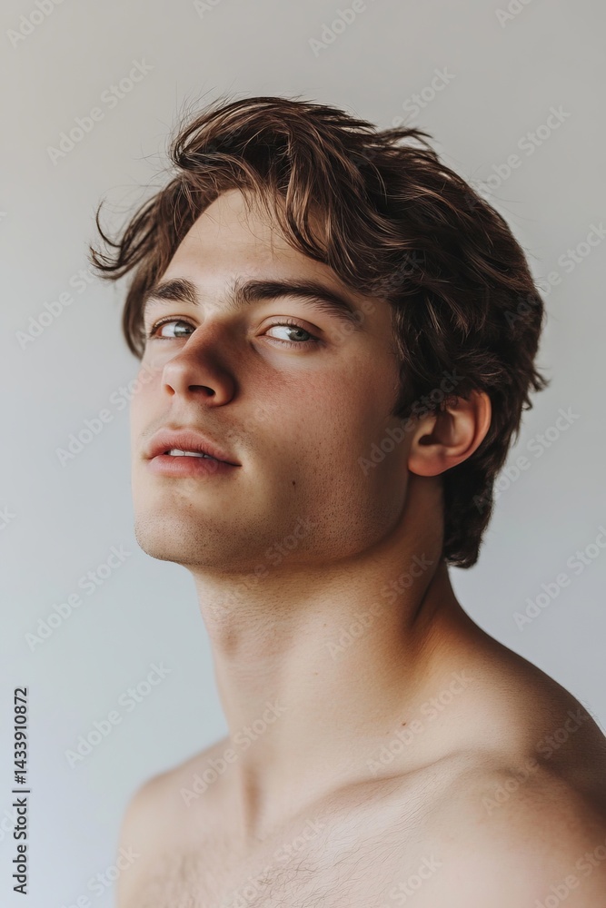 The portrait features a handsome young Caucasian man standing alone on a white studio background, symbolizing fashion, beauty, and self-care, with a focus on his well-groomed skin The portrait features a handsome young Caucasian man standing alone on a white studio background, symbolizing fashion, beauty, and self-care, with a focus on his well-groomed skin