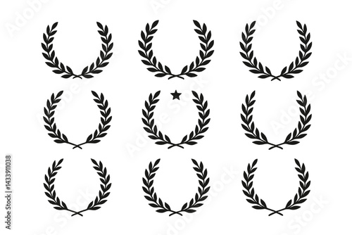 Icon set featuring various styles of laurel wreath designs suitable for awards and achievements