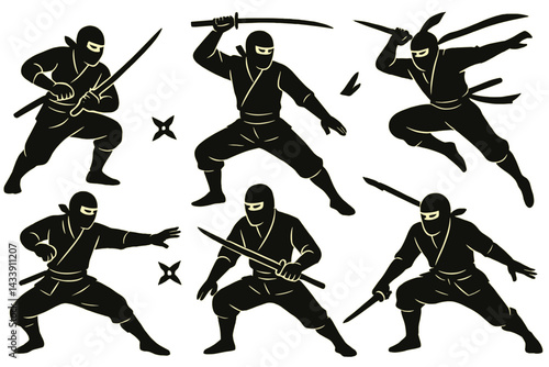 Ninja icon set featuring various action poses with swords and shurikens in dynamic battle stances