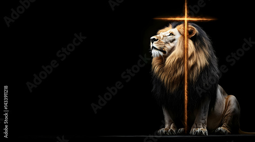 Powerful Lion With Golden Cross On Dark Background