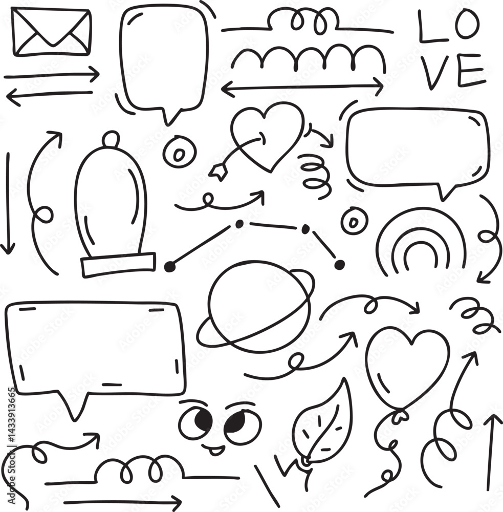 Fototapeta premium set different hand drawn element. Collection of arrows, crowns, circles, doodles and bubble on white background. Vector graphic design