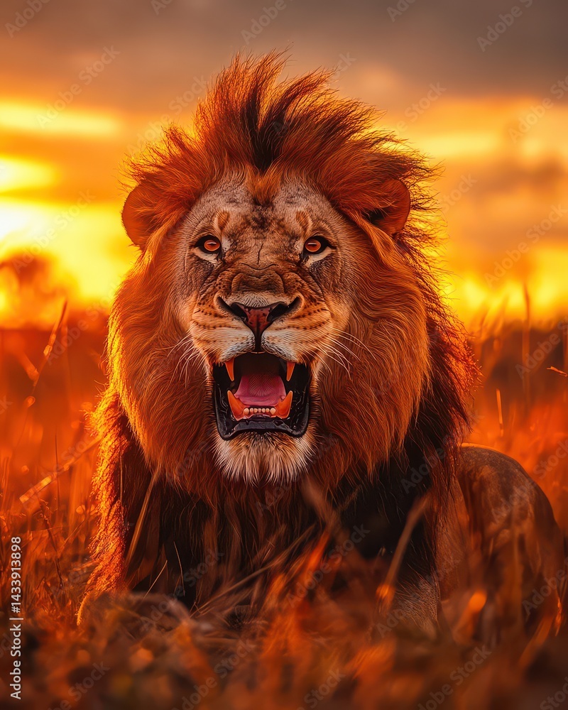 Naklejka premium Majestic lion roaring at sunset in the savanna, surrounded by golden grasses and dramatic sky