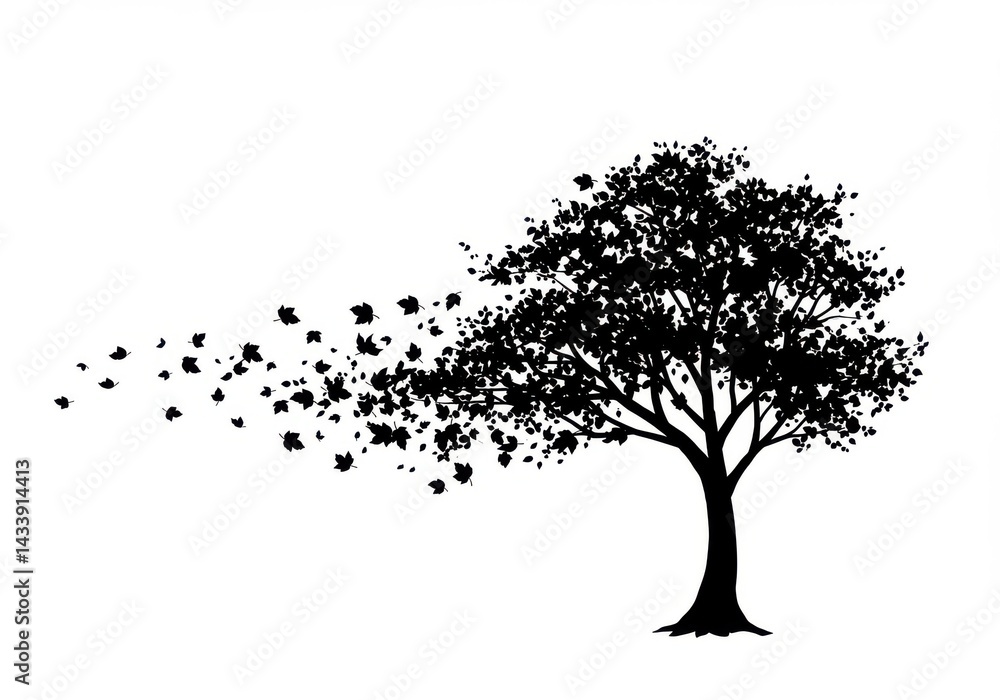 Obraz premium Silhouette tree with flying leaves
