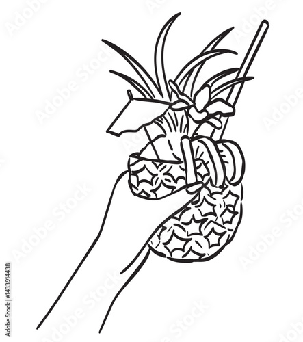 Pina colada glass black and white hand drawn illustration. Tropical alcoholic drink with umbrella, straw. Beach cocktail. Cocktail with pineapple slice ink drawing. Bar menu, poster design element.