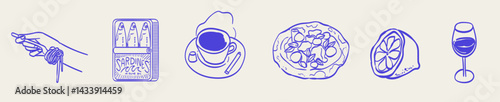Summer Italy. Amalfi or Sicily dinner menu vector illustrations. Image of Italian Mediterranean food and wine, pizza, sardines can, lemon, coffee and pasta drawing for poster, placard or print.