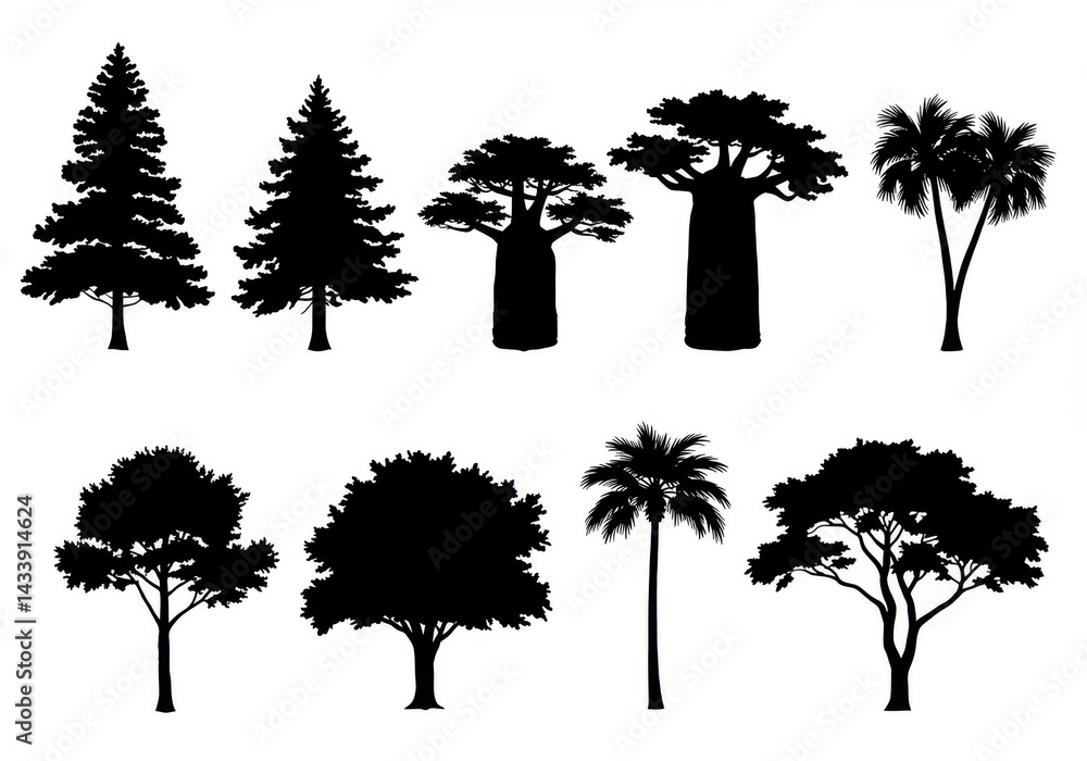 Fototapeta premium Silhouette trees various types