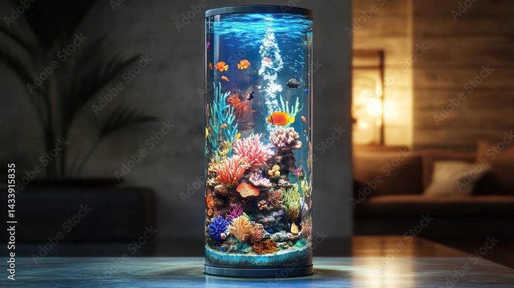 Fish swimming in a tank with coral for decor in a home or office aquarium use Fish swimming in a tank with coral for decor in a home or office aquarium use