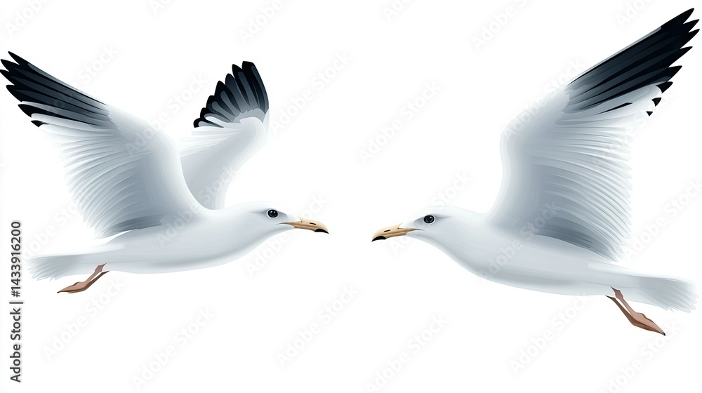 Fototapeta premium Seagulls soar through the sky in a simple vector illustration with a minimalist design focused on shapes and colors
