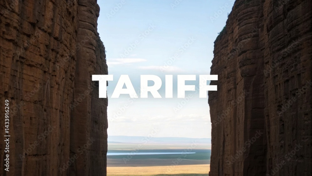 Fototapeta premium Global trade and tariff impacts. A rocky canyon landscape with the word