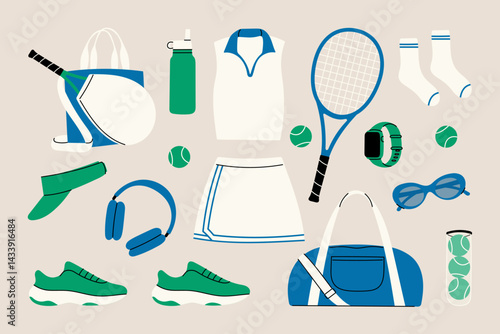 Tennis equipment and outfit set – flat vector illustration of tennis clothes, racket, balls, shoes, bag, visor, smart watch, headphones, sportswear and accessories for female athlete or training.