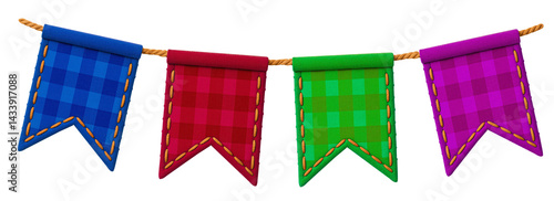 Bandeirolas coloridas 3D com tecido xadrez para decoração de festa junina