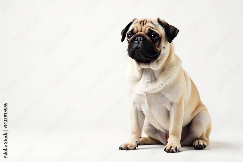 Adorable pug dog sits alone, white background, cute, dog photography, happy Adorable pug dog sits alone, white background, cute, dog photography, happy