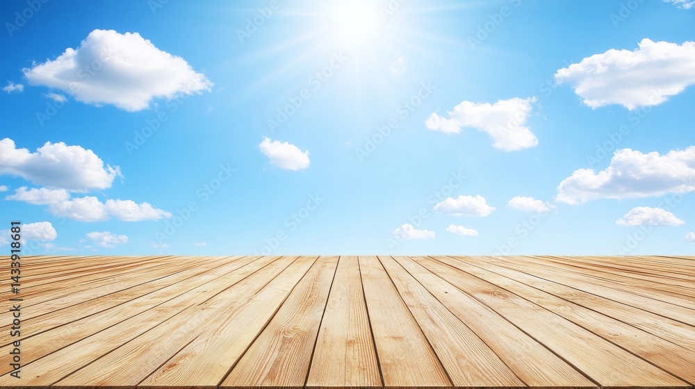Stunning Sunny Sky and Wooden Deck Background on wooden background Stunning Sunny Sky and Wooden Deck Background on wooden background
