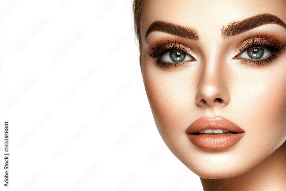 Fototapeta premium A close-up shot features the face of a youthful and attractive woman, showcasing her clear complexion and minimal makeup