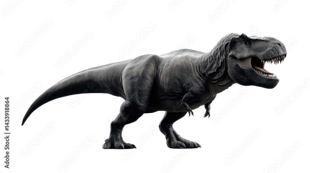 Fototapeta premium Tyrannosaurus Rex Profile: A powerful Tyrannosaurus Rex, a fearsome predator from the late Cretaceous period, is depicted in a dynamic profile view, showcasing its imposing size and sharp teeth. 