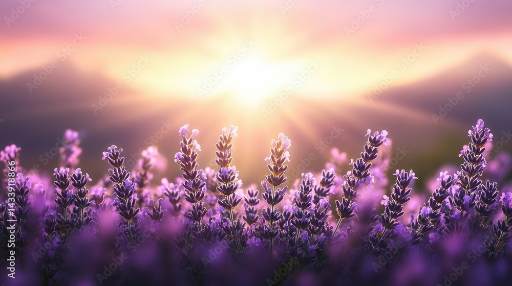 Naklejka premium Lavender blooms softly bask in the warm golden rays of the sunset that drape over the majestic mountain landscape, creating a truly serene and captivating natural setting