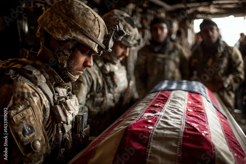 Soldier solemnly carries fallen comrade's casket in military funeral procession.