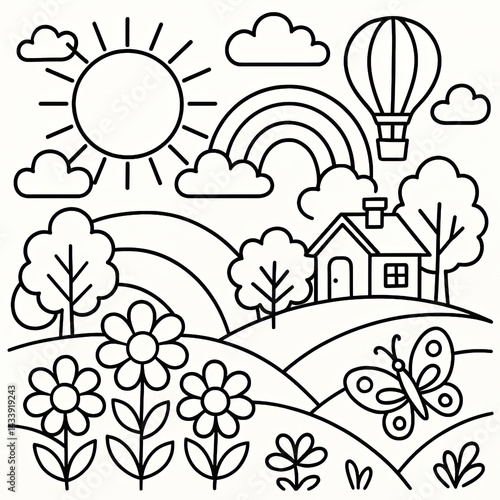 Black And White Line Art Coloring Page Of A Sunny Landscape With House And Hot Air Balloon