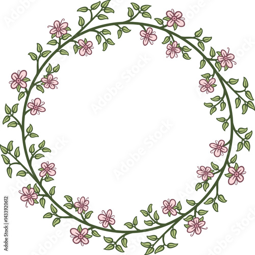 Wallpaper Mural Circular border with a branch of leaves and flowers. Illustration made with flowers and leaves on a white background creating a circular border. Torontodigital.ca