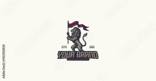 Lion Holding Flag Heraldic Vintage Logo