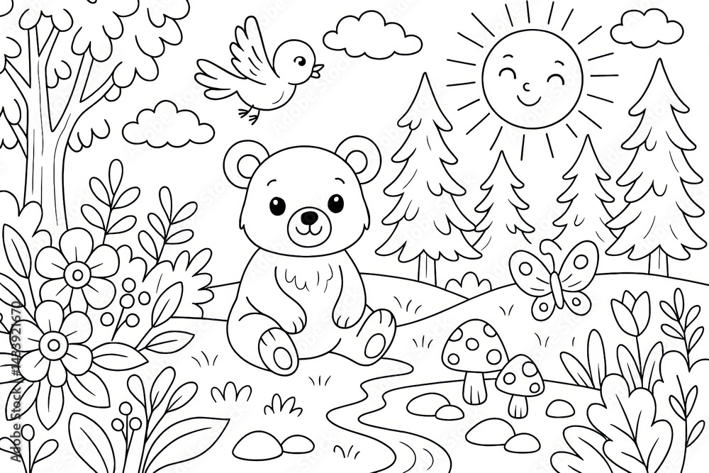 Fototapeta premium Cute Cartoon Bear in a Sunny Forest Illustration