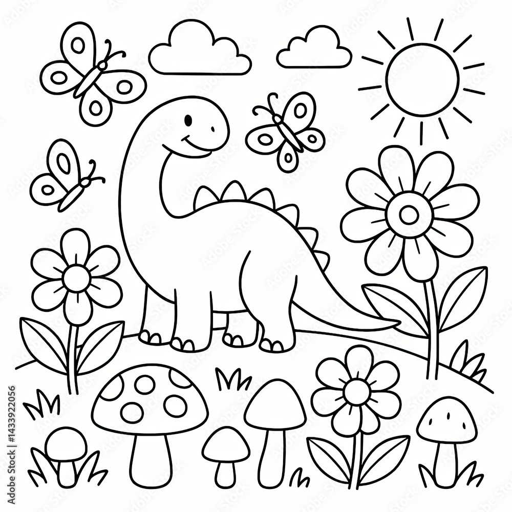 Fototapeta premium Cute Cartoon Dinosaur Coloring Page with Flowers and Butterflies