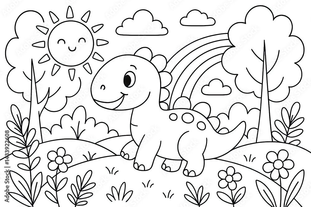 Cute Cartoon Dinosaur in a Sunny Meadow with Rainbow Cute Cartoon Dinosaur in a Sunny Meadow with Rainbow