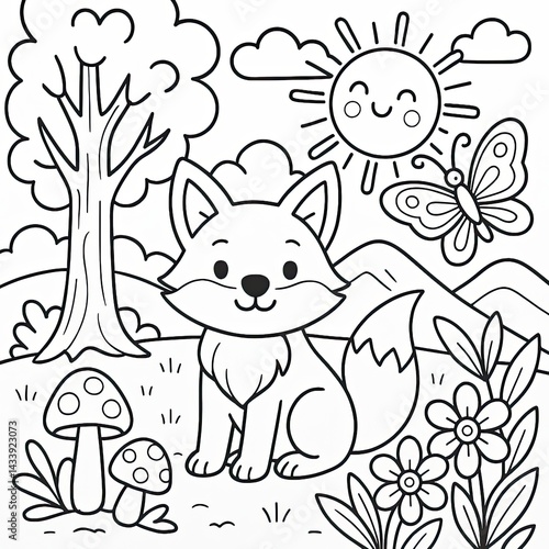 Cute Cartoon Fox in a Sunny Forest Illustration