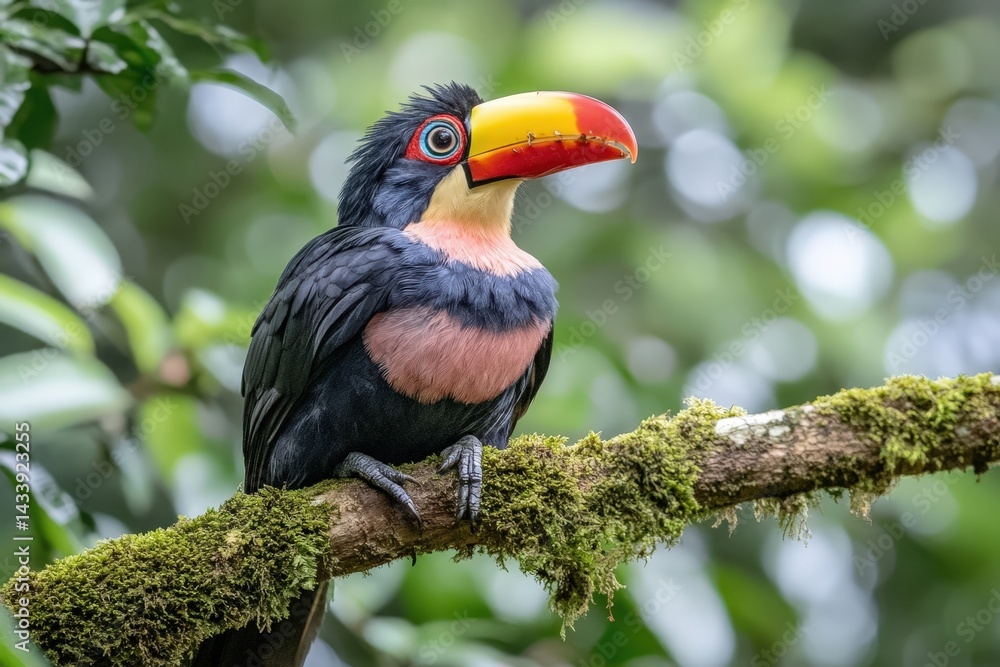 Obraz premium Vibrant toucan perched on mossy branch in rainforest canopy