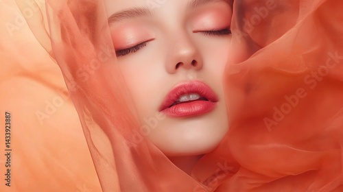 The visage of a beautiful young woman, her eyes closed, is prominently displayed on a pastel pink background with a soft glow, illustrating a concept that combines beauty, skincare, makeup, and