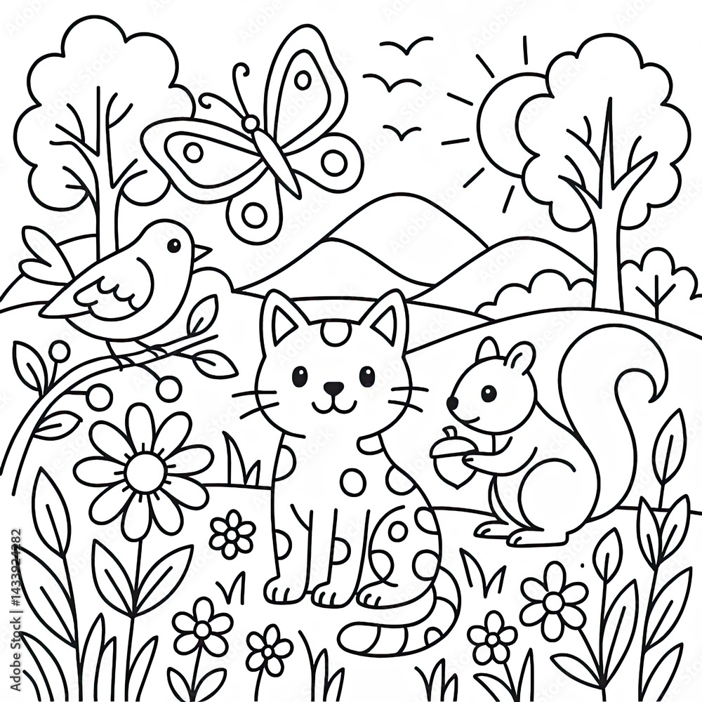 Fototapeta premium Cute Cat Squirrel Bird and Butterfly in Springtime Nature Scene