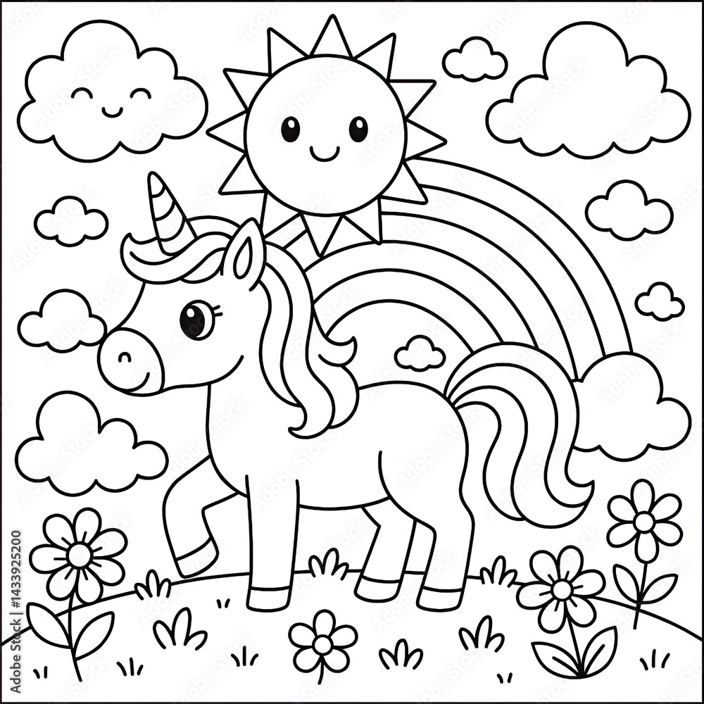 Obraz premium Cute Unicorn in a Flowery Meadow with Rainbow and Sun