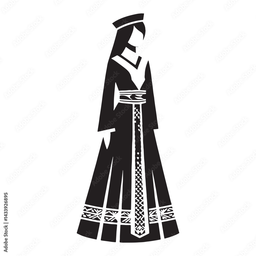 Fototapeta premium Festive Tajik Traditional Dress silhouette, perfect for celebrations – Tajik Traditional Dress illustration – Minimalist Tajik Traditional Dress vector – Ladies dress silhouette