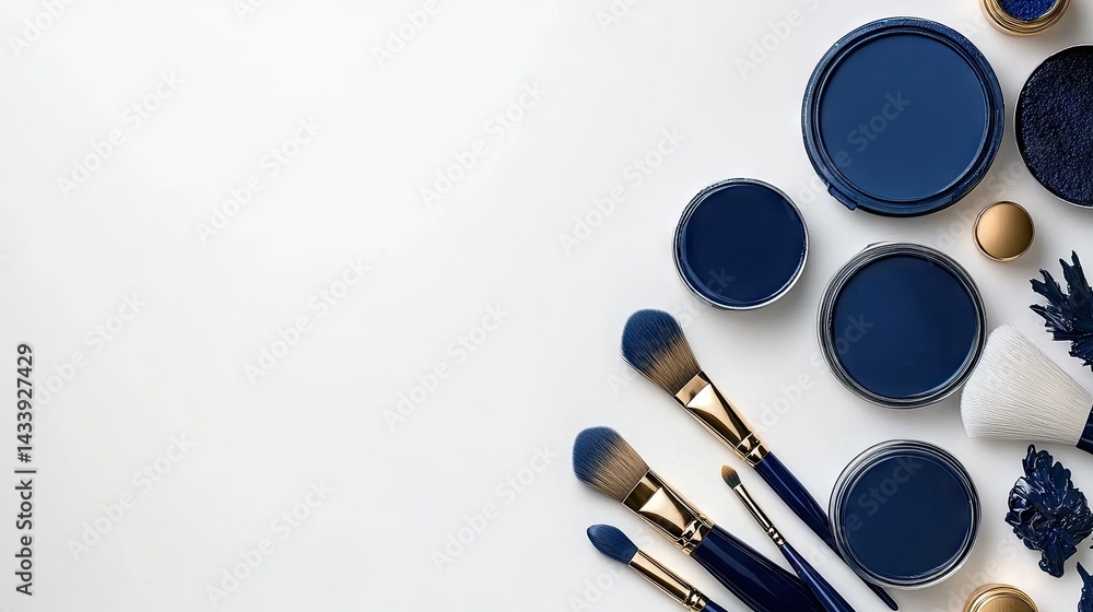 A collection of beauty tools alongside navy blue cosmetics elegantly arranged on a pristine white surface, illuminated by daylight A collection of beauty tools alongside navy blue cosmetics elegantly arranged on a pristine white surface, illuminated by daylight