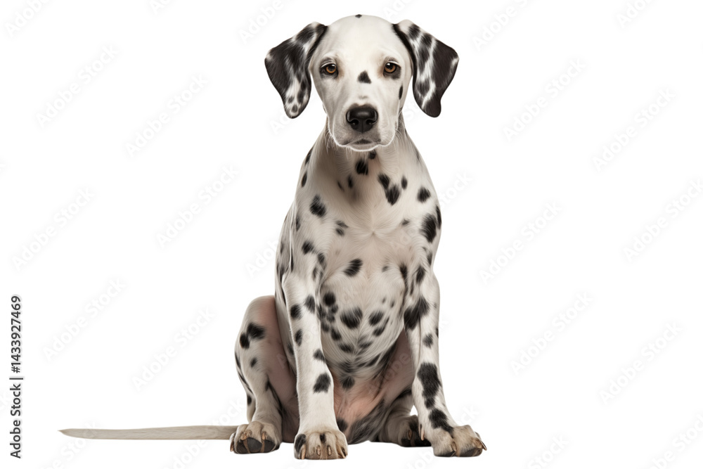 A dalmatian dog sitting and looking directly at the camera in front of a transparent background plain scene png A dalmatian dog sitting and looking directly at the camera in front of a transparent background plain scene png