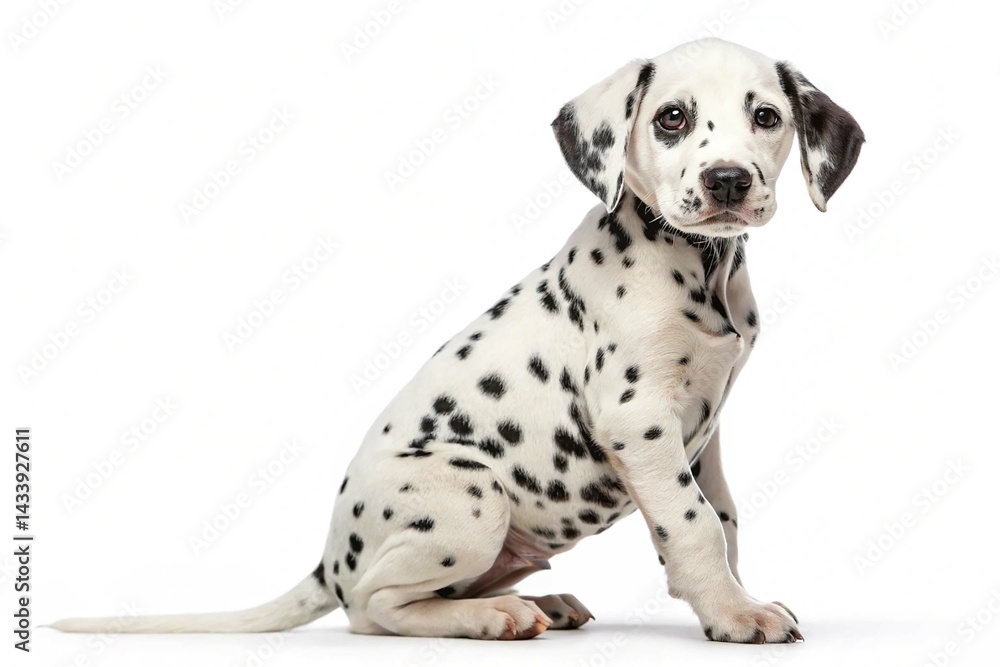 Dalmatian puppy sitting looking at the camera isolated on white background Dalmatian puppy sitting looking at the camera isolated on white background